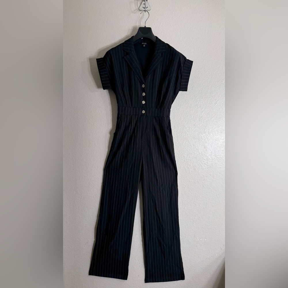 Navy Pinstripe Jumpsuit with Button Detail